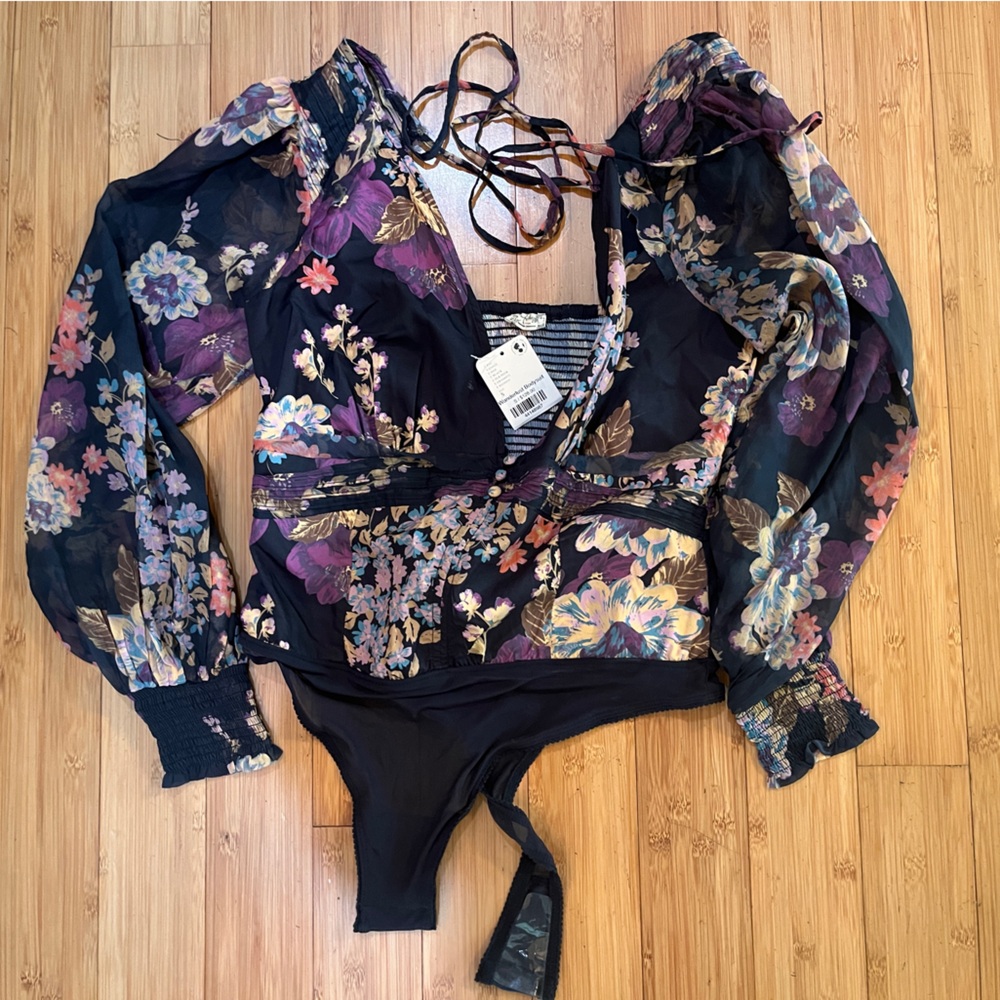 Free People Black and Purple Wrap Bodysuit